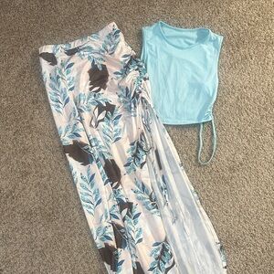 Floral Maxi Skirt and Blue Crop Top Set